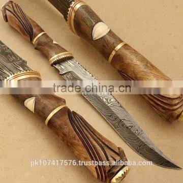 Custom handmade Damascus blade Brown wood handle with brass ring