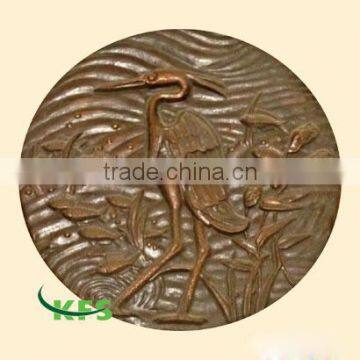 Bronze round red-crowned crane relief sculpture