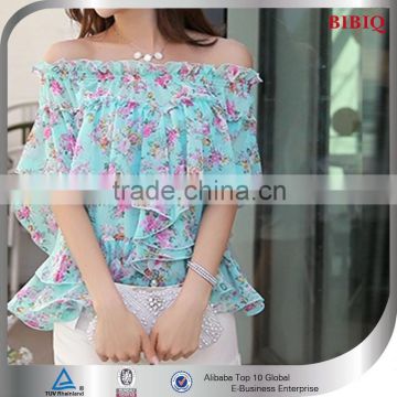 2015 lady Flower printed chiffon blouse