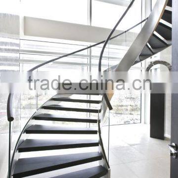 Custom Double Stringer Wood Tread Curved Stair With Stainless Steel Stringer