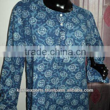 Indigo Blue HandBlock Printed Cotton Kurtis/Kurtas/Long tunics Western & indian Style Tunics for Womens & Girls Jaipur Kurtis