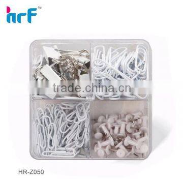 White Paper Clip Set With Push pins and Binder clip