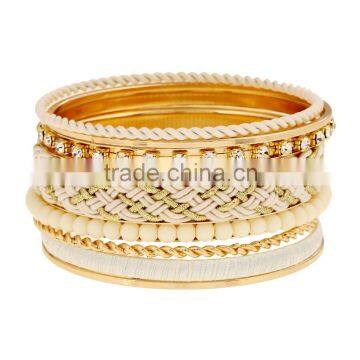 Fashion Bohemian Style Retro Beads Cloth art Braid Big Gold Plated Bangle For Women Charm Vintage Multilayer Wide Bracelet