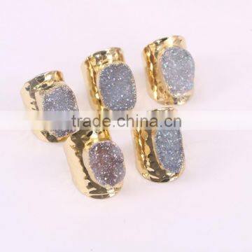 Natural Agate Quartz Gemstone Rings, Gold Plated Wide Band Agate Titanium Druzy Gemstone Ring Jewelry