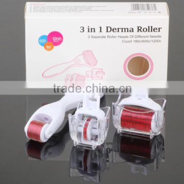 2015 Newest 3 IN 1 Derma Roller with 3 Separate Roller Heads of Different Needle Count 180/600/1200 needles for eye+face+body