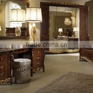 Elegant European Style Brown And Golden Hand Carved Solid Wood Dresser And Mirror(MOQ=1 SET)