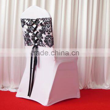 White & Black Flocking Taffeta Chair Sash/Band With Tie/Tape/Ribbon at Back
