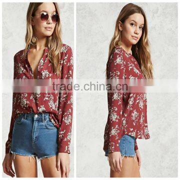 Woman Long Sleeve Stand-up Collar Button Down Floral Chiffon Blouse