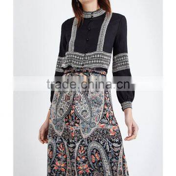 Wholesale Women High Neck Long Sleeves Buttoned Cuffs Geometric Embroidery Crepe Shirt(DQE0163T) photo-4