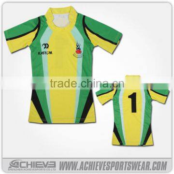 Custom dye sublimated fabric rugby jersey green and yellow