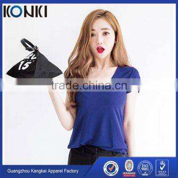 Lady's v Neck Curved Hem Cotton Tee Shirt Blue Color Customized Bulk Wholesale Printing Tee Shirt photo-2