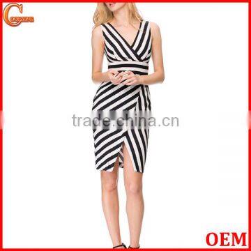 Slim fit v neck stripe print clothing wholesale lady dress cotton design