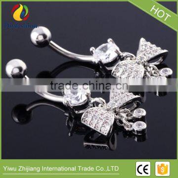 Stainless Steel Big CZ Bowknot Long Navel Ring