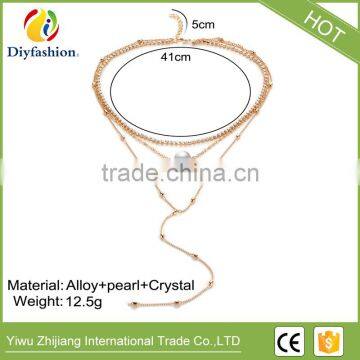 Whosales Crystal Pendant Three Layers of Pearl Collarbone Chain Necklace photo-4