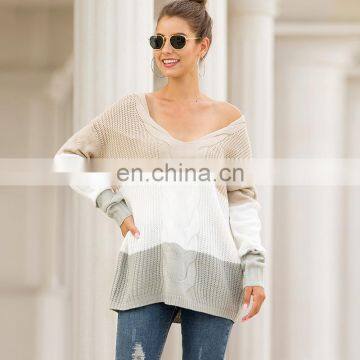 Hot Selling US Market Sexy Knit V-neck Strapless Color Block Women's Loose Fit Pullover Sweater
