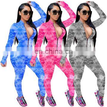 2020 New Fashion Sportswear Sexy Slim Fit Bodysuit Gradient Printing Zipper Long Sleeves Women One Piece Jumpsuits