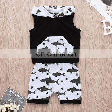 2019 Summer Kids Cotton Shark Print Hoodies Top Tshirt & Baby Animal pp Pants Shorts 2pc Set photo-2