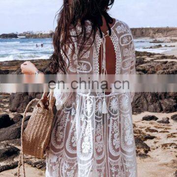 Summer Swimsuit Lace Crochet Hollow Beach Bikini Cover Up Women Tops Swimwear Beach Dress White Beach Tunic Loose Shirt photo-3