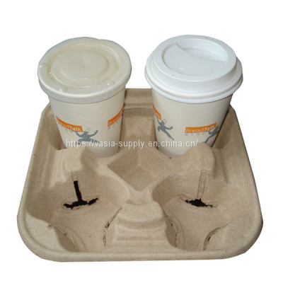 Pulp Fiber Drink Carrier Tray Biodegradable 4 Cup Container Compostable Stackable Ecofriendly Carry Holder for Hot and Cold Drinks