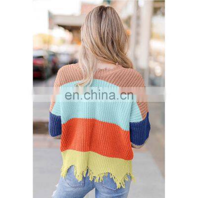 High Quality Winter Colorblock, Distressed Pullover Knit Women Loose Sweater/ photo-5