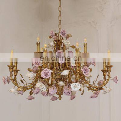 French Luxury Living Room Dining Room Villa Brass Ceramic Flower Romantic Copper Chandelier photo-3