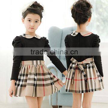 2015 Spring European Style Girls Doll Collars Dress Fashion Plaid Cotton Kids Dress
