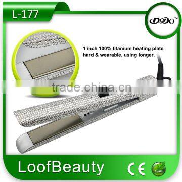 Bling crystal hair straightener 1 inch 100% titanium heating plate welded frame, piano coating