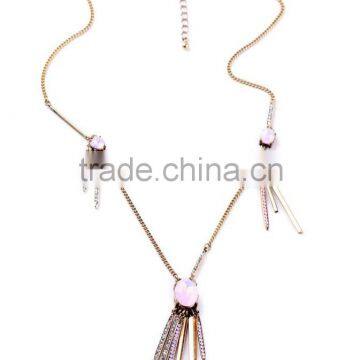 Delicate Pink Oval Crystal Stones Metal Spike Charm Necklace