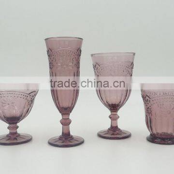 press Wine goblet,Hiball,DOF, sundae cup color glass in purple with sakura design embossed