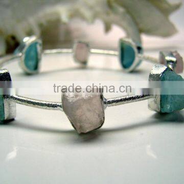 Aquamarine & Rose Quartz Multi Stone Rough Matt Bangle, 925 Solid Sterling Silver Bangle, Designer Natural Gemstone Raw Bangle