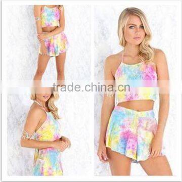 JPSKIRT1605436 Elegant Cute Girls Floral Printing Backless Shirt and Short Pants Suit