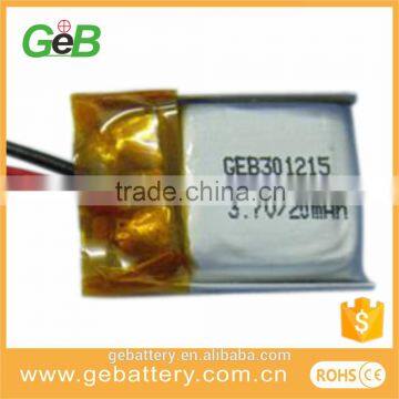 GEB301215 3.7v 20mAh li po rechargeable battery