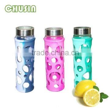 borosilicate glass drink bottle/sports water bottle with silicone cover and handle and straw wholesale