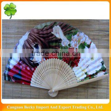 Classic good selling bamboo hand fan with cartoon design in 4colors printing