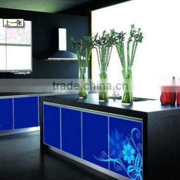 Blue color kitchen tempered glass cabinet