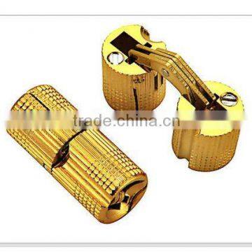 Small yellow Chinese brass jewellery box cylinder concealed hinge