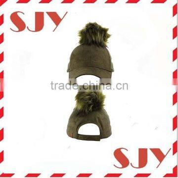 Women's Faux Leather Fur Pom Pom Adjustable Baseball Cap photo-4
