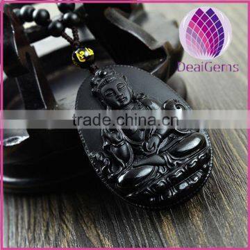 55x35mm Black Carved Avalokitesvara Obsidian Pendant