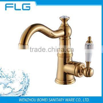 Factory New Product Gold Long Swivel Curved Spout Basin Bathroom Faucet FLG100049