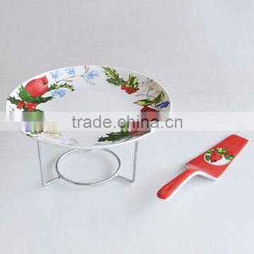 10.5" Porcelain cake plate with server and stand