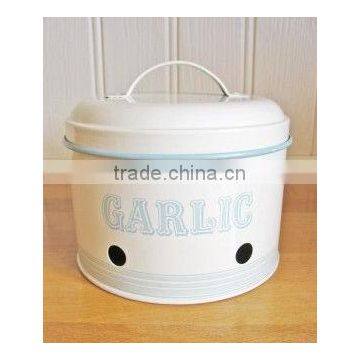 Vintage Style Cream Enamel Garlic Storage Tin