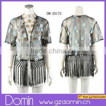 Fancy Design Flower Fringe Short Sleeve Ladies Kimono