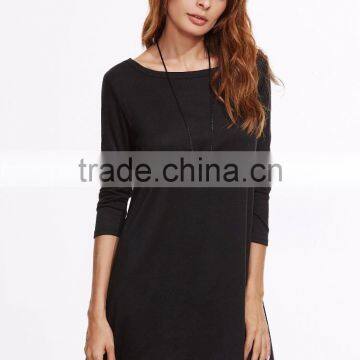 Custom Black Long Sleeve Tee Dress Cotton Spandex Casual Boat Neck Plain Short Tee Dress photo-2