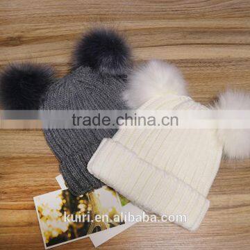 High Quality Cashmere Knitted Hat With Double Fur Poms KR-H010 photo-5