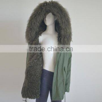 Myfur Khaki Green Men Real Fur Parka with Detachable Lamb Fur Hood and Lining