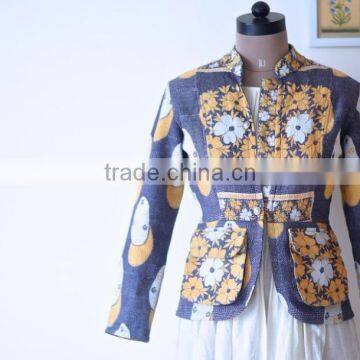 Denim Jacket in Kediyu Style With Vintage Kantha Fabric ~ Medium photo-2