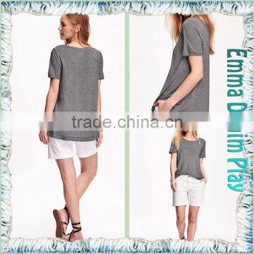 Hot Grey Stretch Soft Fabric Loose Fitness Womens Big Wide Neck Short Sleeve T-Shirts photo-5