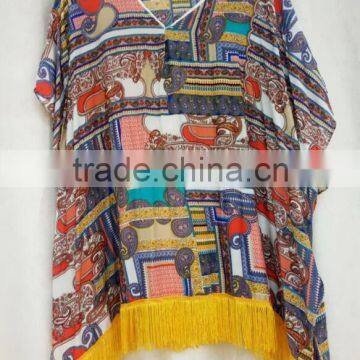 Hot Sale Ladies' Fashion Floral Printed Kimono With Tassel Viscose Cotton Soft Blouses photo-2