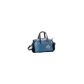 Blue Genuine Fur Trimmed Quilted Nylon Tote Bag with PU Leather Handles