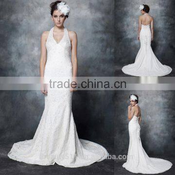 2017 Latest design Beaded V-neck Hanging shoulder halter Mermaid Lace wedding dress AS291